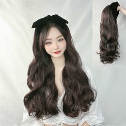 Haarpruiken voor dames kanten Synthetische grote golf Long Black Bowknot Band Wig Net Red Style Simuled Curly Hair Half Cap