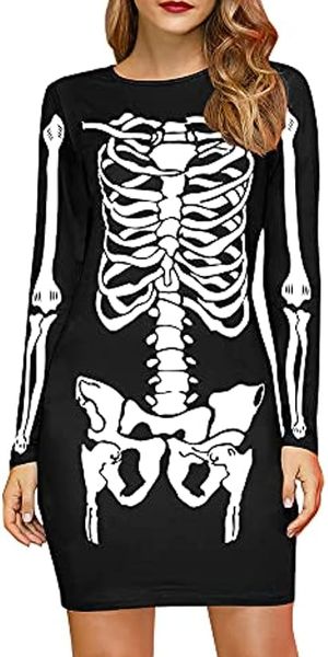 Robe d'Halloween pour femmes, Costume squelette drôle, manches longues, robes mi-longues
