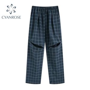 Pantalon à carreaux bleu Harajuku pour femmes, creux, fermeture éclair, taille haute, jambes larges, streetwear droit, 210515