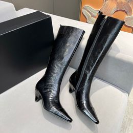 Bottes à talons hétérosexuels pour femmes, chaussures pointues, à la mode, confortables, en cuir souple, tissu lisse de chevalier pour femmes