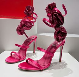 Sandales à talons hauts pour femmes René Caovilla Full Diamond Rose Satin peu profonde Chaussures de femmes Designer Slim Fit High Talon Chaussures Sac de serpe
