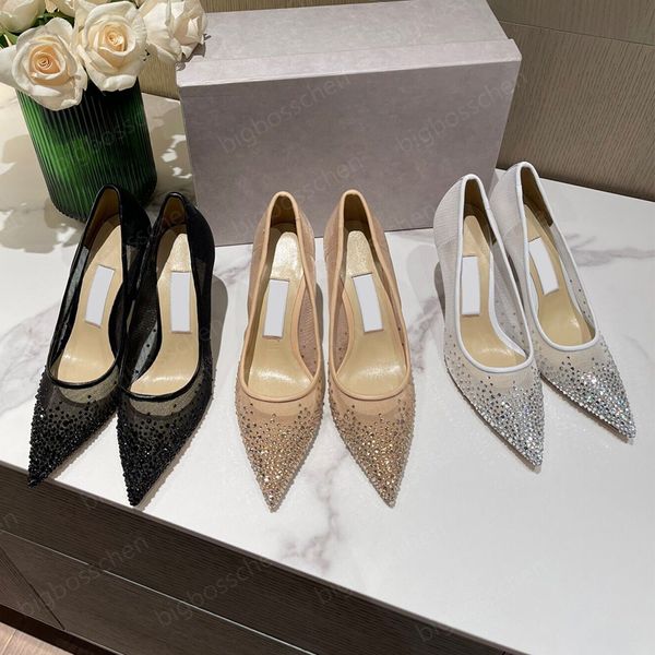 Zapatos de boda de tacón alto para mujer de lujo, sandalias de diseñador, moda, nueva malla, gemas de cristal puntiagudas, chispeantes, cómodas, sexo, club nocturno, chicas, cóctel, zapatos de dama de honor.