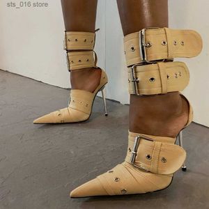 Women's High New Denim Buckle Buiten Pumps Thin Sexy Punk Sandals Ladies Pointed Teen Hollow Metal Heel Boots T230824 864