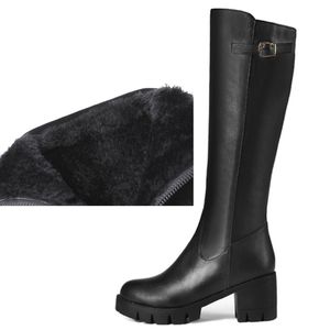 Botas altas de nieve para mujer, zapatos de invierno, botas hasta la rodilla para mujer, hebilla Retro cuadrada de tacón medio, botas largas cálidas de piel, zapatos para mujer