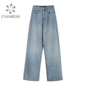 Jeans taille haute pour femmes loisirs pantalon à jambes larges poches bleues Streetwear Vintage fermeture éclair droite Denim pantalon printemps femme 210417