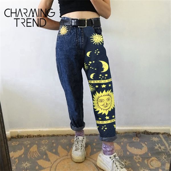 Jeans taille haute pour femmes Jeans Femme Été Jeans Pantalons Filles Denim Chic Mode Moon Star Sun Print Pantalons Femmes LJ200811