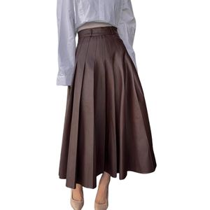 Jupe longue plissée en cuir PU pour femmes, taille haute, robe de bal, SML