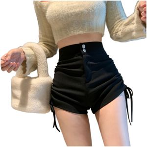 Pantalones cortos de cintura alta para mujer con cordón drapeado sexy color negro pantalones cortos SMLXLXXL