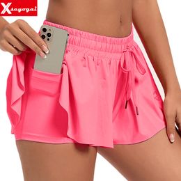 Women's High Waist Stretch Athletic Yoga Outfits Workout Active Fitness Volleyball Shorts 2 in 1 Running Double Layer Sports Shorts