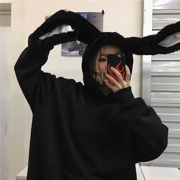 Sweat à capuche femme Corée hiver ins Harajuku amusant oreilles de lapin plus velours lâche manches longues mignon décontracté femmes 210608