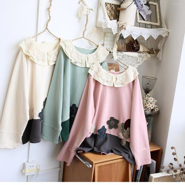 Sudaderas con capucha para mujer, busto de 128cm, primavera y otoño, Mori Kei, sudaderas holgadas de encaje Vintage con retales, cómodas sudaderas de algodón