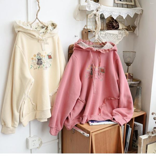 Sudaderas con capucha para mujer 128 cm Busto Primavera Otoño Mujeres Mori Kei Chica Suelta Bordado Encaje Patchwork Cómodo Cálido Algodón con capucha