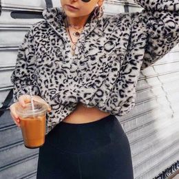 Sweat-shirt à capuche imprimé léopard pour femme, ample et décontracté, col montant, fermeture éclair, en peluche, mode automne et hiver 2023
