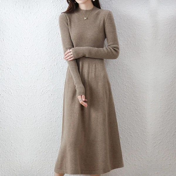 Robe trapèze mi-longue à col mi-haut pour femme, pull au-dessus du genou, Slim, tricot superposé, collection automne/hiver 2023