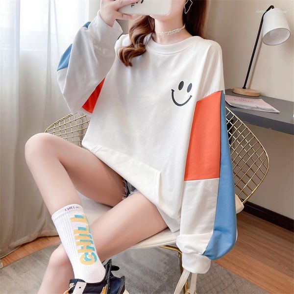 Sudaderas con capucha para mujer 2023, jersey fino de manga larga con estampado de sonrisa para mujer, Tops holgados informales coreanos, sudadera para primavera y otoño con deportes de bolsillo