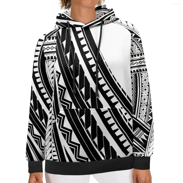 Sudaderas con capucha para mujer 2024 Otoño Casual Básico Mujeres Polinesia Samoa Tribal Tatuaje Impresiones Sueltas Jogger Sudadera Bolsillos delanteros Jersey Top