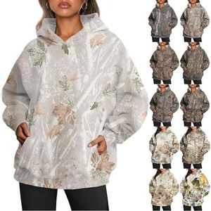 Sweat à capuche camouflage pour femmes, mode automne/hiver 2024, imprimé feuille d'érable, pull de sport Extra Large, décontracté avec poches, haut à manches longues