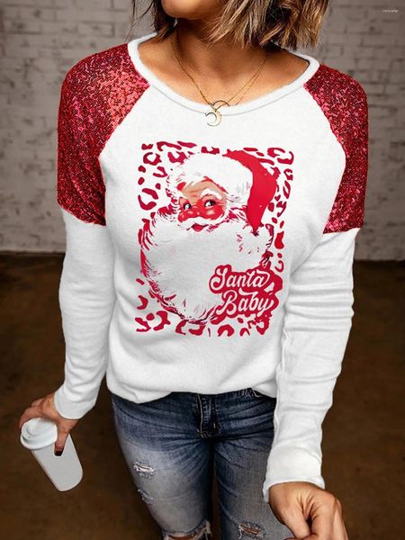 Sudaderas con capucha para mujer, blusa con lentejuelas de Papá Noel de Navidad, camisas blancas elegantes de otoño para mujer, Tops de manga larga cálidos para invierno 2024