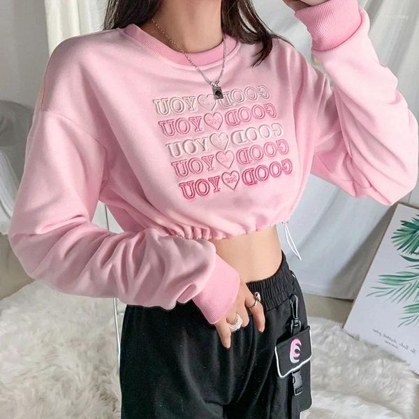 Sweats à capuche pour femmes 2024 Mode manches longues Femme Printemps Élégant Tout-Match Cordon Crop Top Pour Dames Doux Rose Lettre Broderie Tops