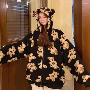 Sweats à capuche pour femmes 2024 hiver femmes surdimensionné zip-up Teddy manteau Harajuku décontracté lâche Kawaii ours oreilles sweat à capuche dessin animé vêtements d'extérieur