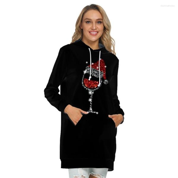 Sweats à capuche femme 3D noël verre à vin rouge brillant sac Long sweat avec capuche hiver tendance lâche pulls à manches longues