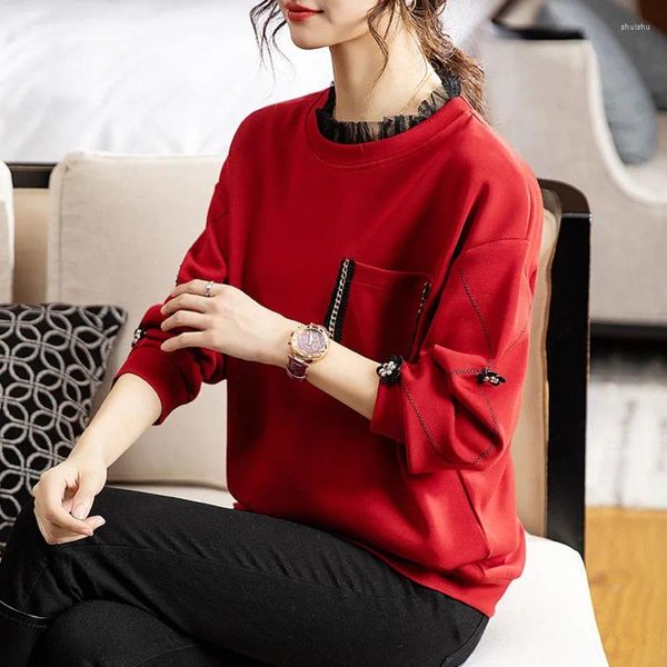 Sweats à capuche pour femmes # 4715 Bleu Rouge Streetwear Sweatshirts Femmes Split Joint Dentelle Col Rond Faux Deux Pièces Femme Lâche Style Coréen