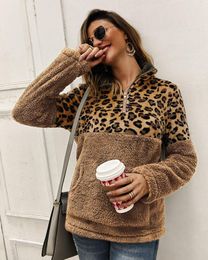 Sudaderas con capucha para mujer, 5 colores, moda de lana de invierno, retales de leopardo, sudaderas gruesas esponjosas, jerséis cálidos con cremallera, Tops informales de Sherpa para mujer