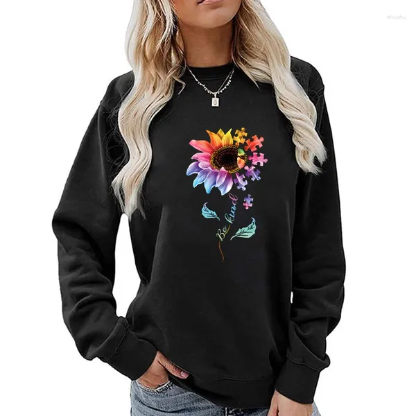 Sudaderas con capucha para mujer (calidad A) Suéter de moda de otoño e invierno Top para mujer Tops sueltos informales con estampado de girasoles Mangas largas de felpa Cuello redondo