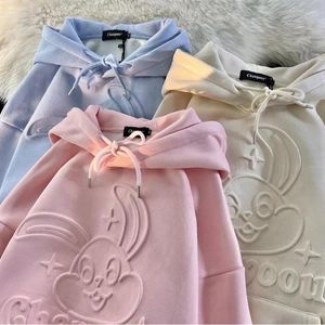 Dames Hoodies Amerikaanse Cartoon Reliëf Stempel Schattig Tieners Hemelsblauw Warm Winter Sweatshirt Oversized Losse Koreaanse Harajuku Y2K Top