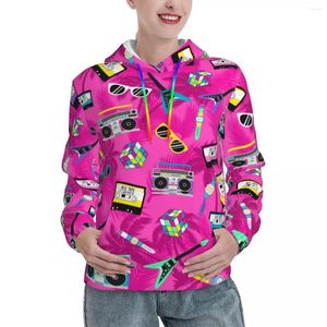 Sweats à capuche féminine Art Print Streetwear Automne Neon Rose Trendy 80S Kawaii Pullover Couple de sweats graphiques décontractés surdimension