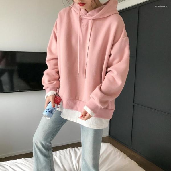 Sudadera con capucha para mujeres otoño 2023 ropa de invierno para mujeres sudadera harajuku estilo coreano moda personalidad amarillo costura rosa con capucha