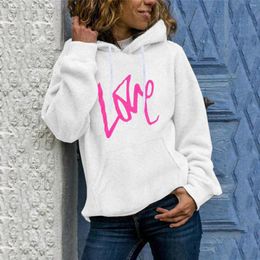 Sudadera con capucha para mujeres otoño e invierno holgada para mujeres rosa amor letra estampado mangas largas sudadera de vellón streetwear informal