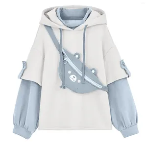 Sudaderas con capucha para mujer, Sudadera con capucha Kawaii de otoño para mujer, Sudadera con capucha de retales con bolso, chándal con cordón Harajuku, ropa dulce para niñas