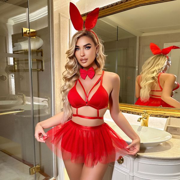 Vestido de dos piezas Cool Girl Spicy Hollow Out Juego de roles Bunny Girl Lencería Vestido Adulto Dama Fiesta erótica Cosplay Bunny Girl Teddy Babydoll Outifts