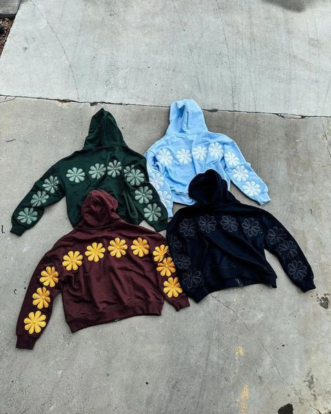 Sudaderas con capucha para mujer, sudadera con capucha holgada de gran tamaño con flores bordadas, Y2k, serie Retro Harajuku, ropa informal coreana, chaqueta cárdigan para parejas