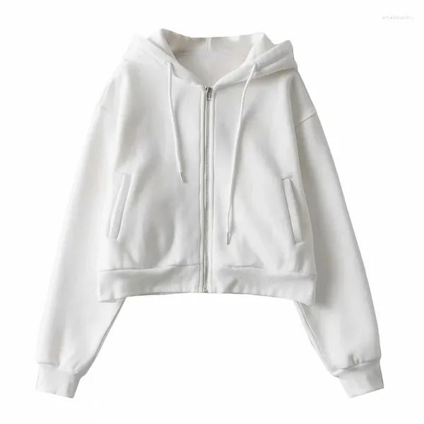 Sudaderas con capucha para mujer, otoño primavera, bolsillos con cremallera, Top corto ajustado, chaqueta para mujer, ropa femenina con cordón, abrigos de algodón con capucha sexys blancos