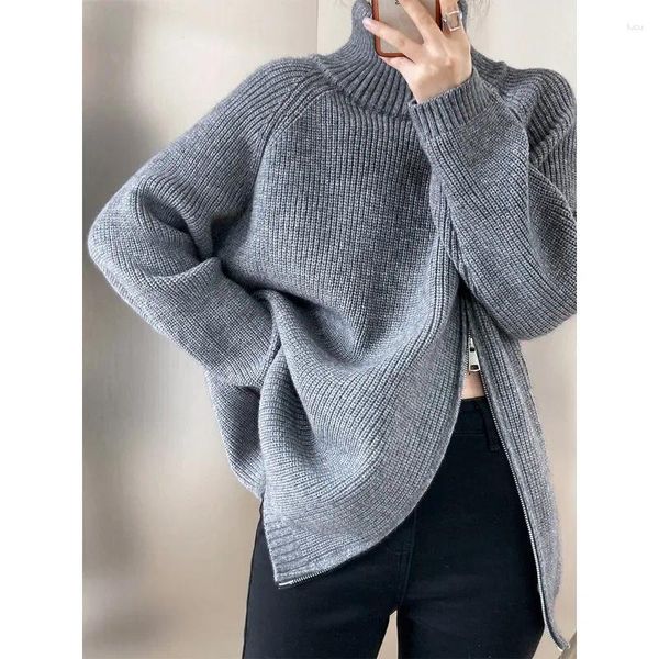 Sweats à capuche pour femmes automne col roulé fermeture éclair surdimensionné coréen femmes pulls tricots ample épais chaud col haut solide pulls Y2k