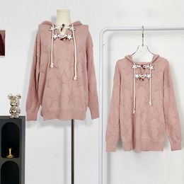 Felpe con cappuccio da donna Maglione con cappuccio lavorato a maglia autunno inverno per le donne Stelle scava fuori pullover sottile più grande allentato lavorato a maglia rosa