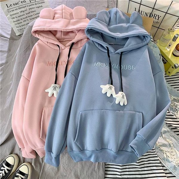 Sudaderas con capucha para mujer, sudadera de Otoño Invierno, sudadera de talla grande coreana con orejas de oso y letras, Jersey grueso de lana de manga larga, Tops para mujer