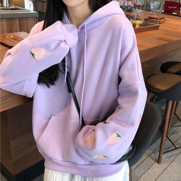 Sudaderas con capucha de mujer Otoño Invierno mujer Kawaii suelta manga larga Tops de gran tamaño Harajuku fresa bordado lavanda blanco sudadera