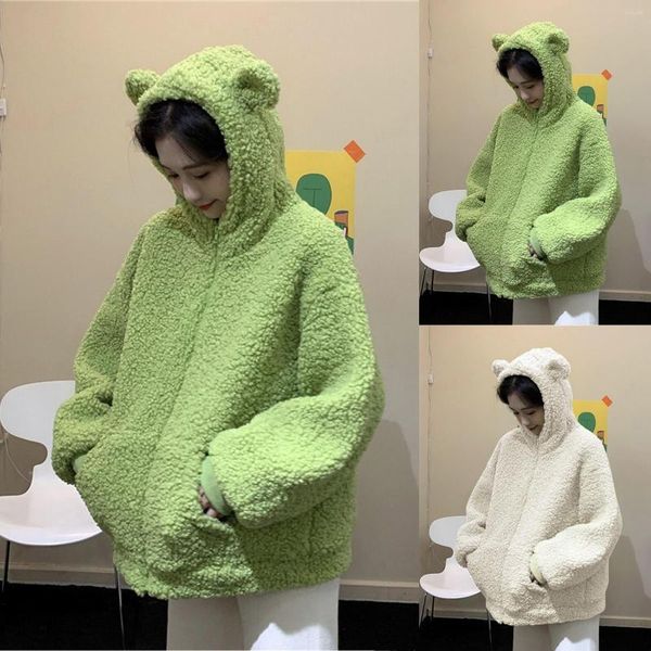 Sweats à capuche pour femmes Automne Hiver Femmes Zip-up Sweat-shirt Polaire Fausse Fourrure À Manches Longues Vestes À Capuche Kawaii Mignon Ours Oreilles Doux Blanc Vert