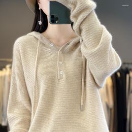 Sudaderas con capucha para mujer BELIARST 2023 Otoño/Invierno suéter de lana Merino ropa de punto Jersey con capucha botón sólido suelto BE-8828
