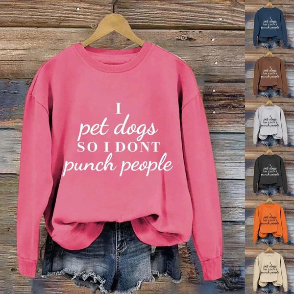 Sudaderas con capucha para mujer Chaqueta de vestir con encuadernación Mujeres I Mascotas Perros Así que no golpees a la gente Impresión de letras Moda Cuello redondo Casual Top de manga larga