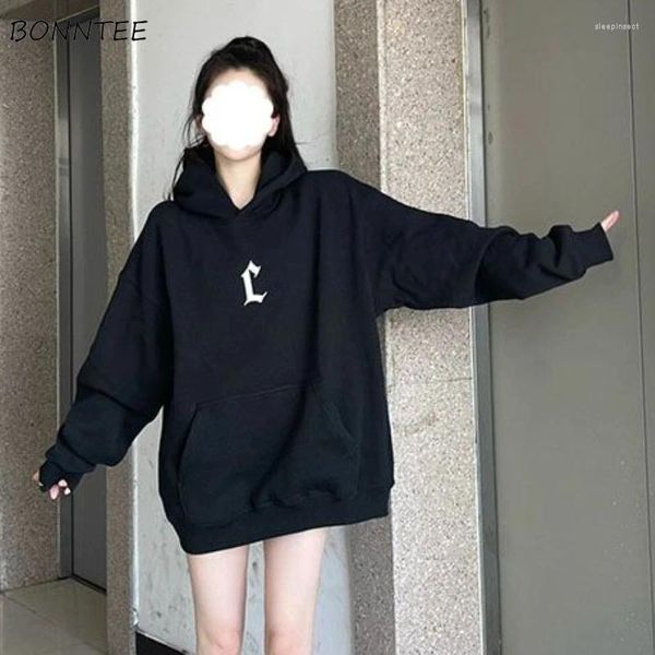 Sweats à capuche pour femmes Lettre noire Femmes Style américain Collège Lâche Automne Hiver Vêtements à capuche BF Street Fashion Youth All-Match Simple