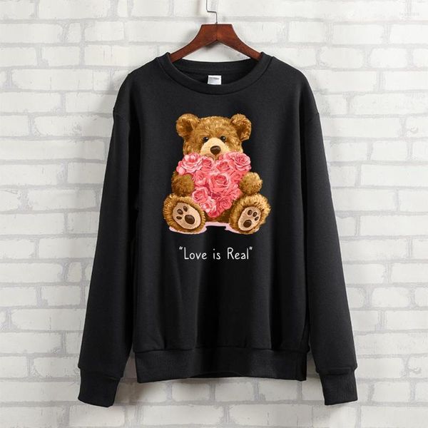 Sudaderas con capucha para mujer BLINGPAW Ropa de otoño Teddy Bear Rose Love Is Real Letter Printed Unisex Heavy Blend Crewneck Sudadera de manga larga