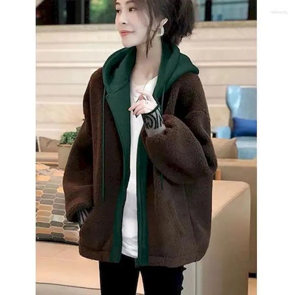 Sweats à capuche pour femmes Marron Vestes à capuche Femmes Mode Patchwork Zip Up Sweat à capuche décontracté Lâche Polaire Manteau Automne Hiver Tendance Y2k