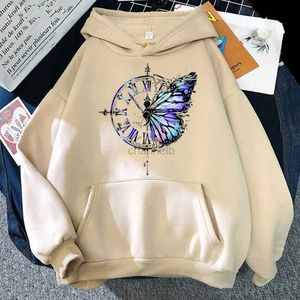 Women's Hoodies Butterfly Clock Print Hoodies Y2K Esthetische streetwear Casual grappige sweatshirt Koreaanse mode kleding vrouwen mannen hoodie tracksuit 240413