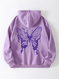 Sweat à capuche femme imprimé papillon doublure thermique poche kangourou sweat à capuche Harajuku sweats mode surdimensionné haut à manches longues