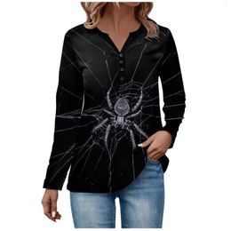 Hoodies femininos botão pescoço topos casual todos os dias manga longa v moda impressão camisa halloween camisetas camisolas