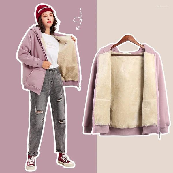 Sweats à capuche pour femmes Cardigan pull épaissi et polaire automne hiver étudiant agneau en peluche grande taille ample chaud ours veste à capuche femmes